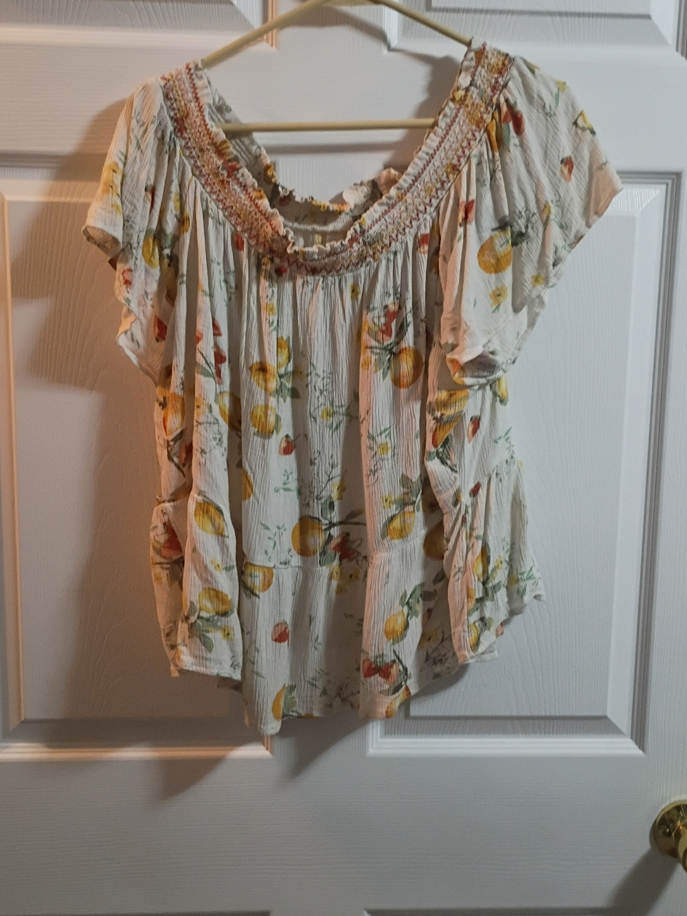 Maurices Cream Floral Peasant Blouse with Smocked Neckline